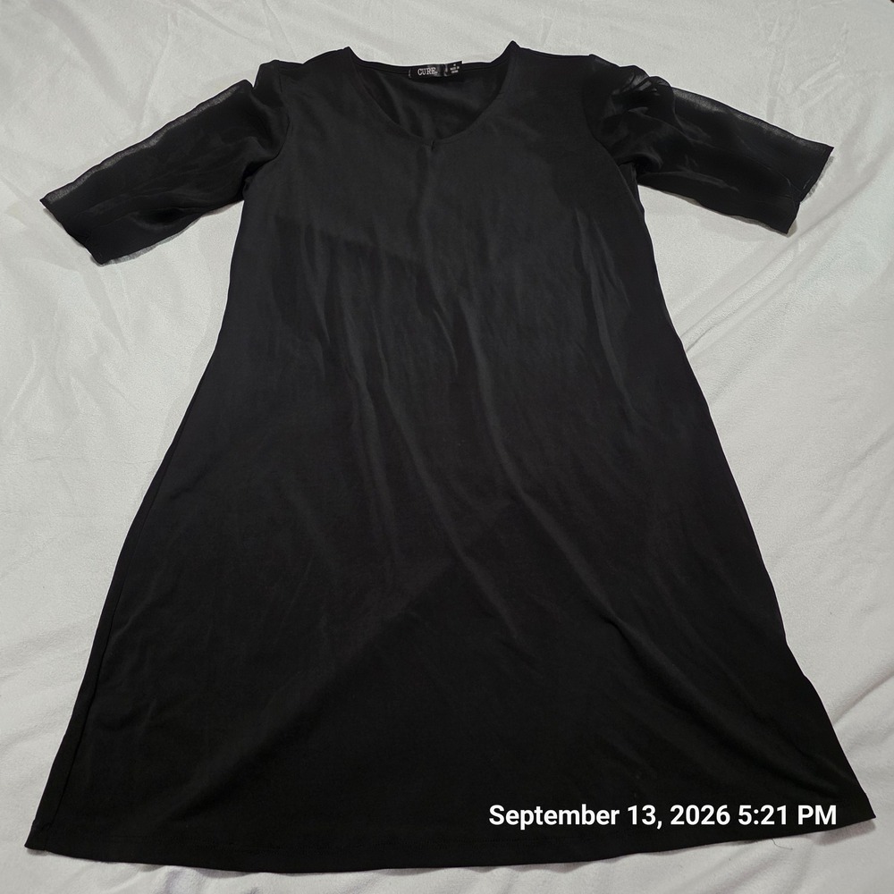CURE. Black V-Neck Shift Dress Sheer Short Sleeve A-Line Minimalist Medium